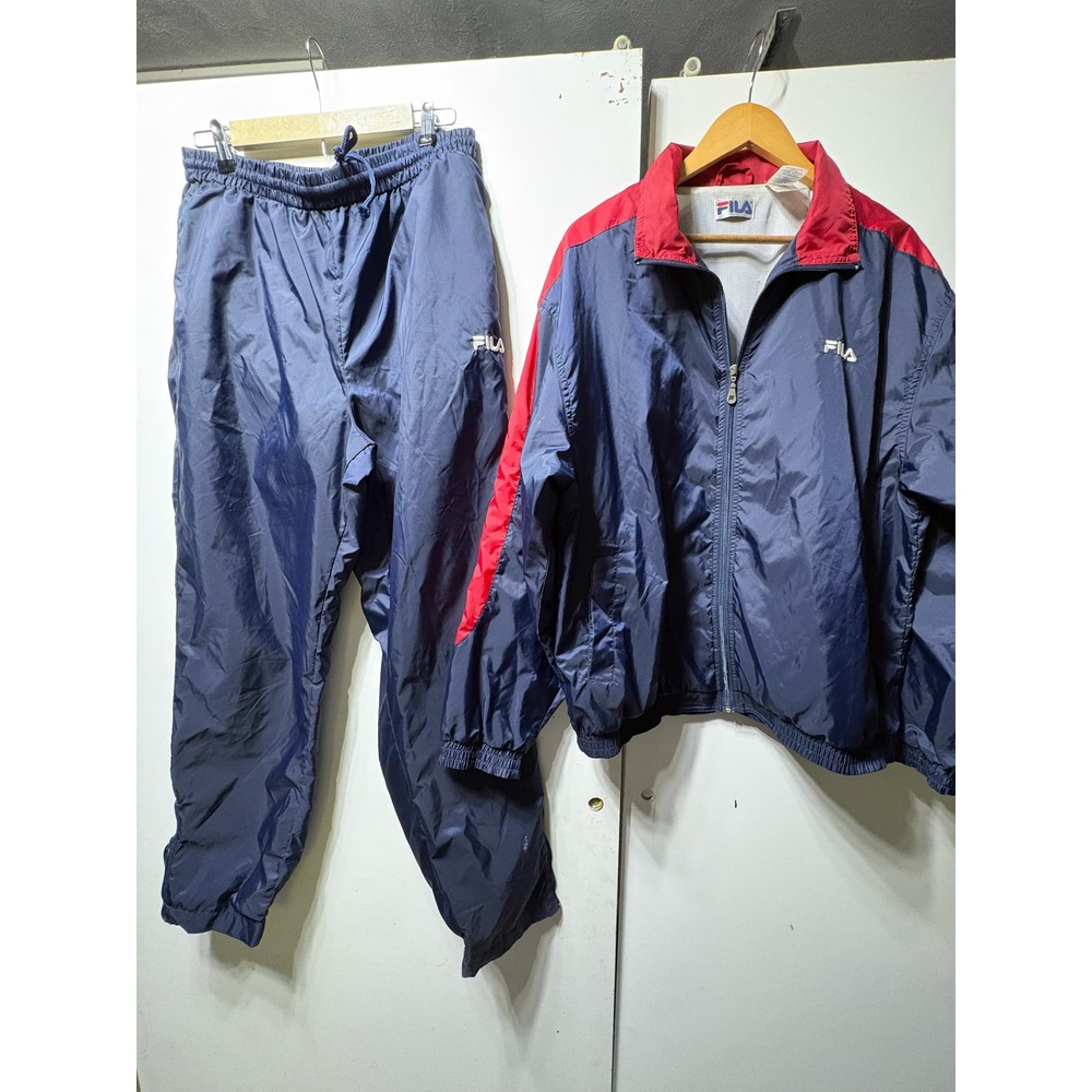 Fila Track Suit Mens Large Navy Blue Red Nylon Windbreaker Jacket Pants 2pc Set
